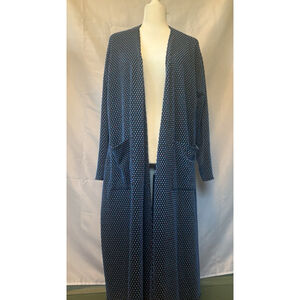 LuLaRoe Caroline Cardigan Size L Blue Pink Polka Dot Puff Texture Knit Pockets